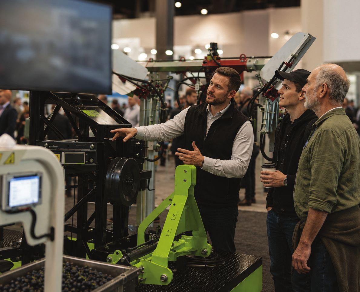 An exhibitor demonstrating vineyard machinery to two visitors on the WineTech show floor